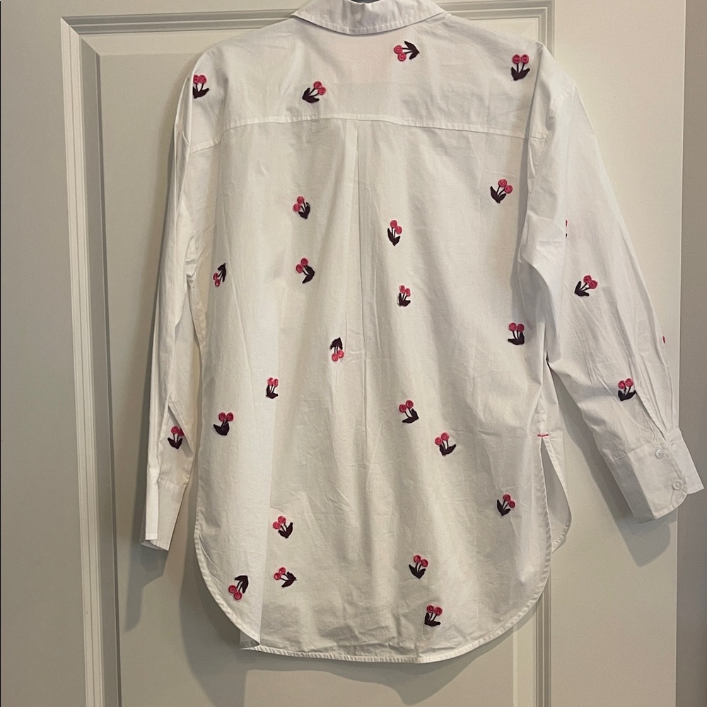 NWT Anthropologie White Button-Up Shirt with Pink & Black Floral Embroidery - Picture 6 of 8